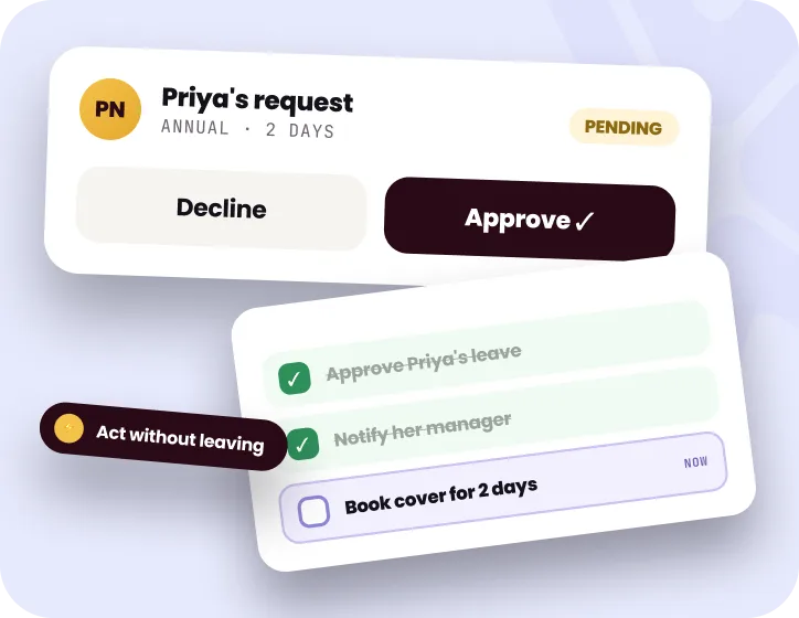La demande en attente de Priya pour 2 jours de congé annuel, avec les boutons Refuser et Approuver, au-dessus d’une liste : congé approuvé, gestionnaire avisé, remplacement de 2 jours encore à prévoir.